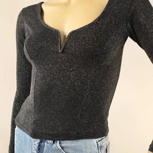 American Spirit Vintage 1970s Black Gold Metallic Bodycon Top Sz M LS Made In US